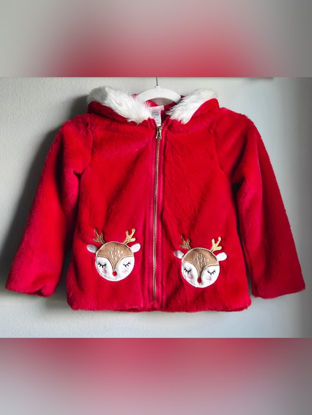 Little Lass Red Faux Fur Hooded Christmas Jacket w/ Reindeer Accent Pockets, Sz6